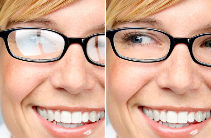 With vs without anti-reflective coating — clear lenses on one side, glare reflections on the other